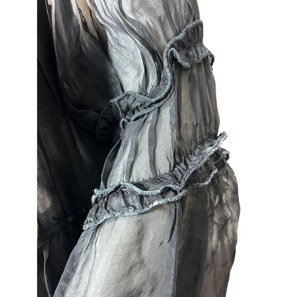Tempo Paris Top M/L Black White Tie Dyed Long Sleeve Silk Italy Bell Sleeves - Picture 10 of 14